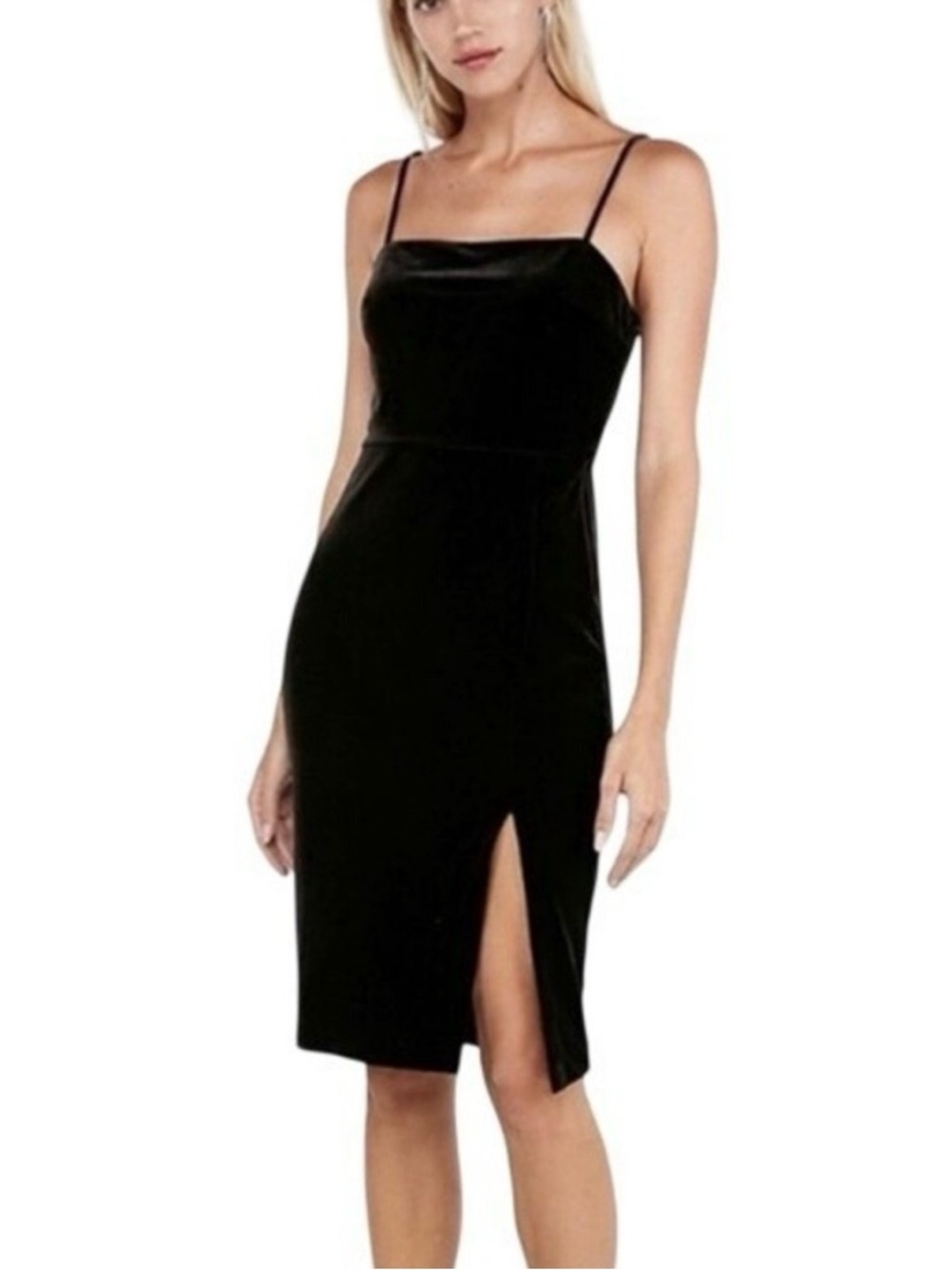 Black Velvet Bodycon Dress Side Slit Sleeveless 90s Minimalism Gothic Chic XS